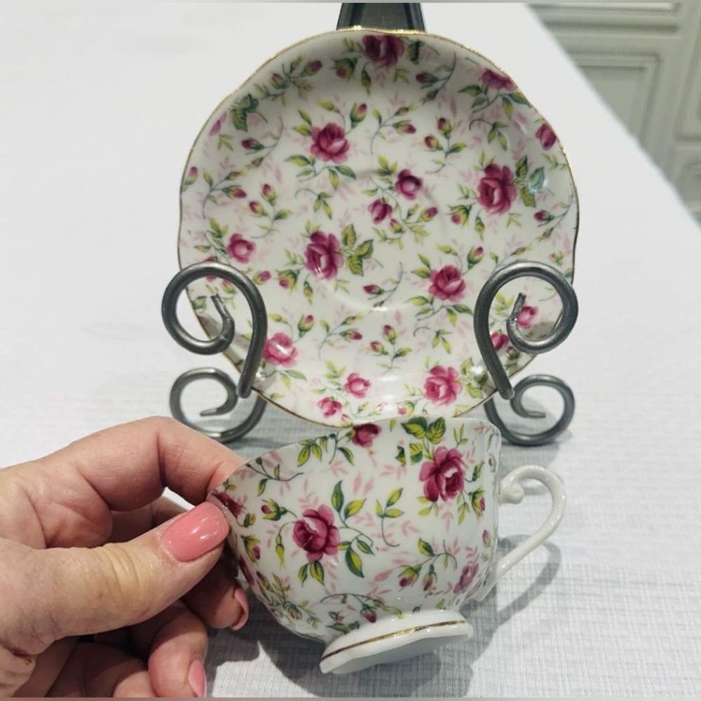 Vintage Lefton 656R Pink Rose Chintz Teacup & Saucer Japan 1950s